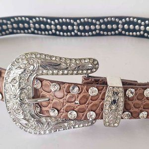 Womens Brown Leather Rhinestone Belt